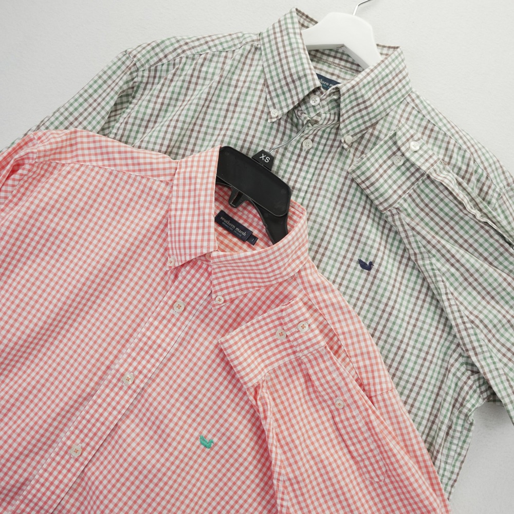 Southern Marsh Mens Gingham Check Button Down Shirt Lot of 2 Orange Green Large